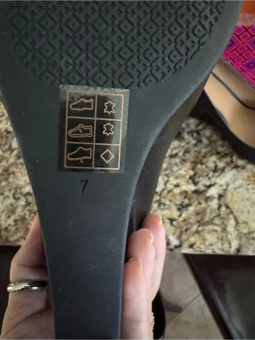 Tory Burch Black Peep-Toe wedges with Gold Logo size 7 - Picture 3 of 3